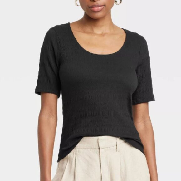A NEW DAY Black Tee Plus Size 4X Smocked Cotton Blend Short Sleeve NWT - Picture 1 of 9